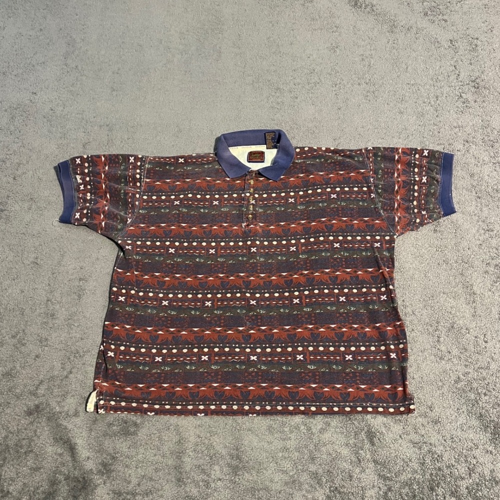 Vintage Duxbak Mens Large Geometric Tribal Print Cotton Rugby Polo Shirt